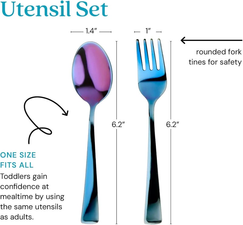 Ahimsa Stainless Steel Kids Utensils Set, Pediatrician Designed, Colorful Kids Silverware, Non Toxic, Dishwasher Safe, Iridescent Blue Fork and Spoon - Image 2